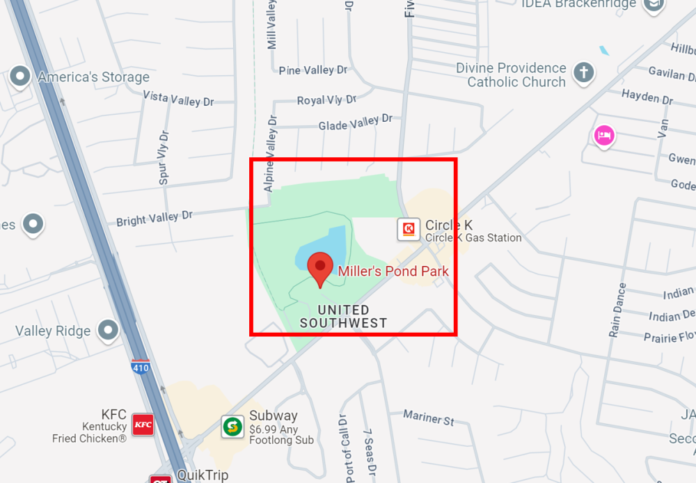 Map of Miller's Pond Park. Park is indicated by a red square.